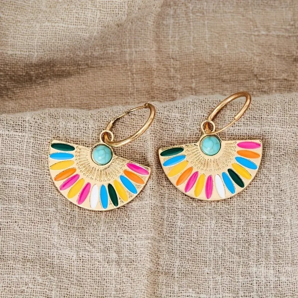 Boho Dangle Hoop Earrings Colorful‎ Fan Turquoise Accent Gold Tone